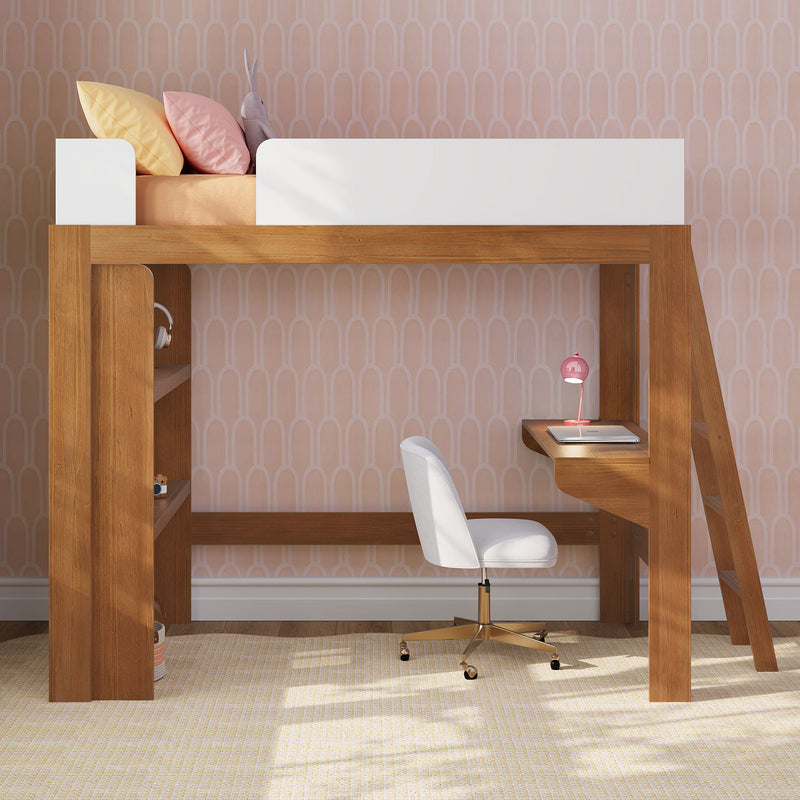 Wooden loft bed with built-in desk, white swivel chair, pink desk lamp and pastel pillows against pink scallop wallpaper in a modern kids’ bedroom
