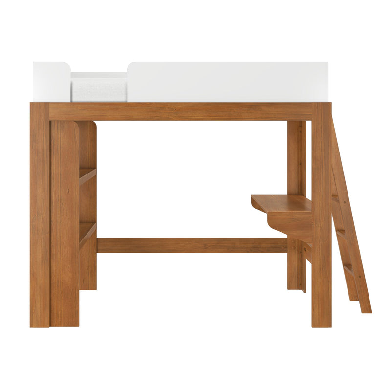 Modern wooden kids' loft bed with natural wood finish, built-in ladder and shelves, and white safety guardrail