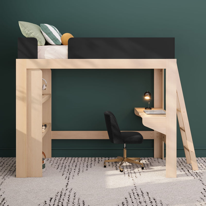 Modern wooden loft bed with built-in desk and ladder, black swivel chair, striped pillows and desk lamp against dark green accent wall — space-saving bedroom furniture