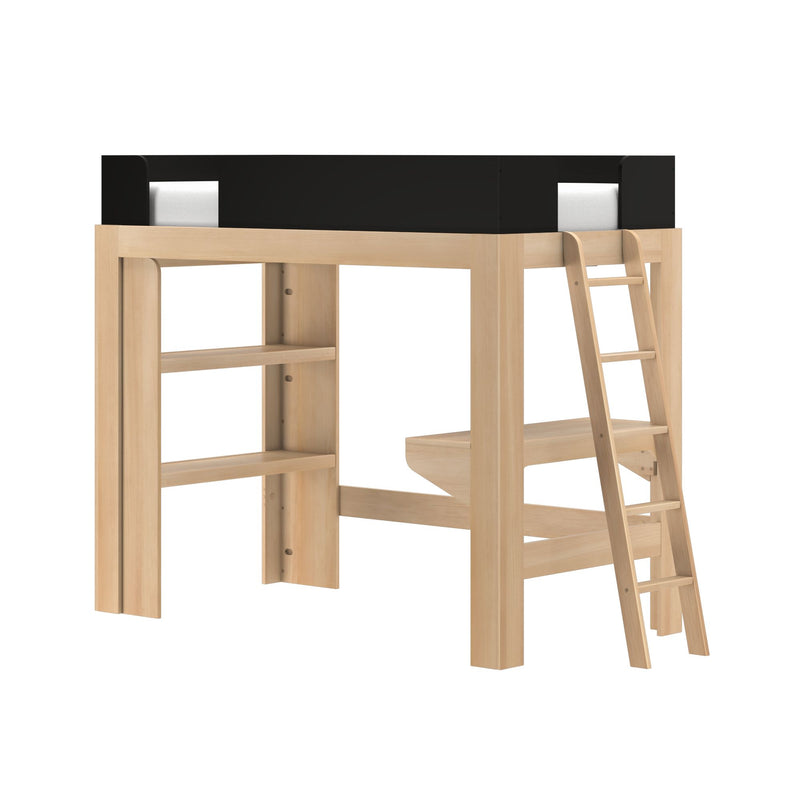 Natural birch wood loft bed with ladder, built-in shelving and black safety guardrail over a white mattress — space-saving kids' bedroom furniture