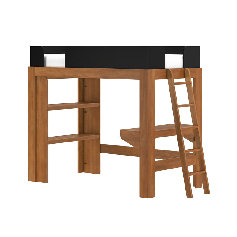 Natural wood twin loft bed with black safety rail, angled ladder and built-in shelves providing storage and desk space for kids' bedroom