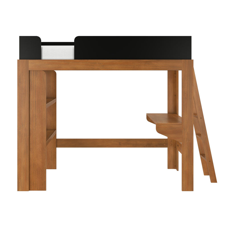 Wooden loft bed with black guardrail, ladder, built-in desk shelf and storage shelves — space-saving twin bed for kids