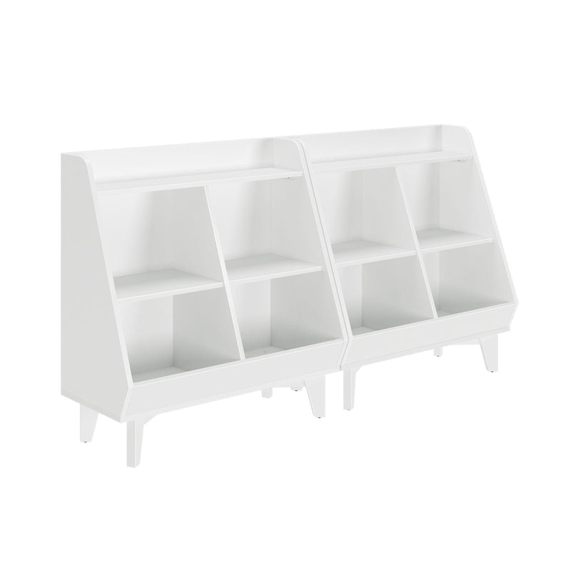 White freestanding wooden kids' book display shelf with angled cubby compartments and multiple storage bins, modern nursery toy organizer