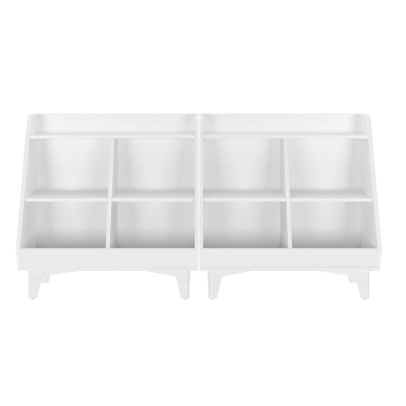 White cubby shelf organizer — modular storage unit with multiple open compartments and top ledge on short legs for entryway, nursery, or closet storage