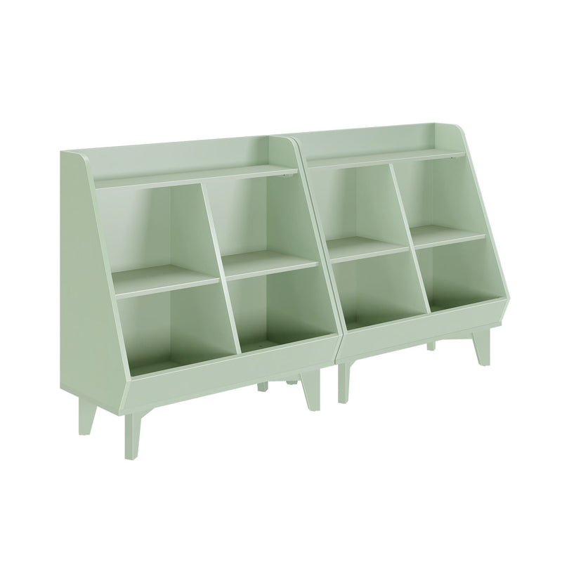 Mint green wooden double cubby bookshelf storage unit for kids' nursery or playroom, angled compartments and mid-century legs