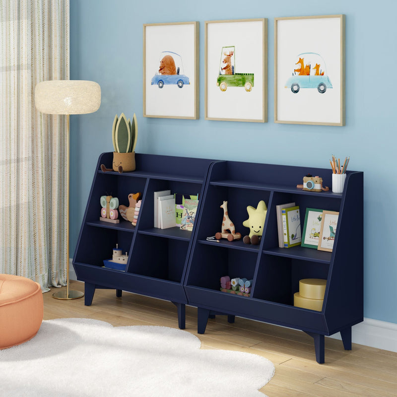 Kids room nursery with navy toy organizer bookcase, plush and wooden toys, white rug, floor lamp and framed animal car watercolor prints on blue wall