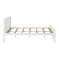 White wooden bed frame with slatted design, minimalist bedroom furniture.