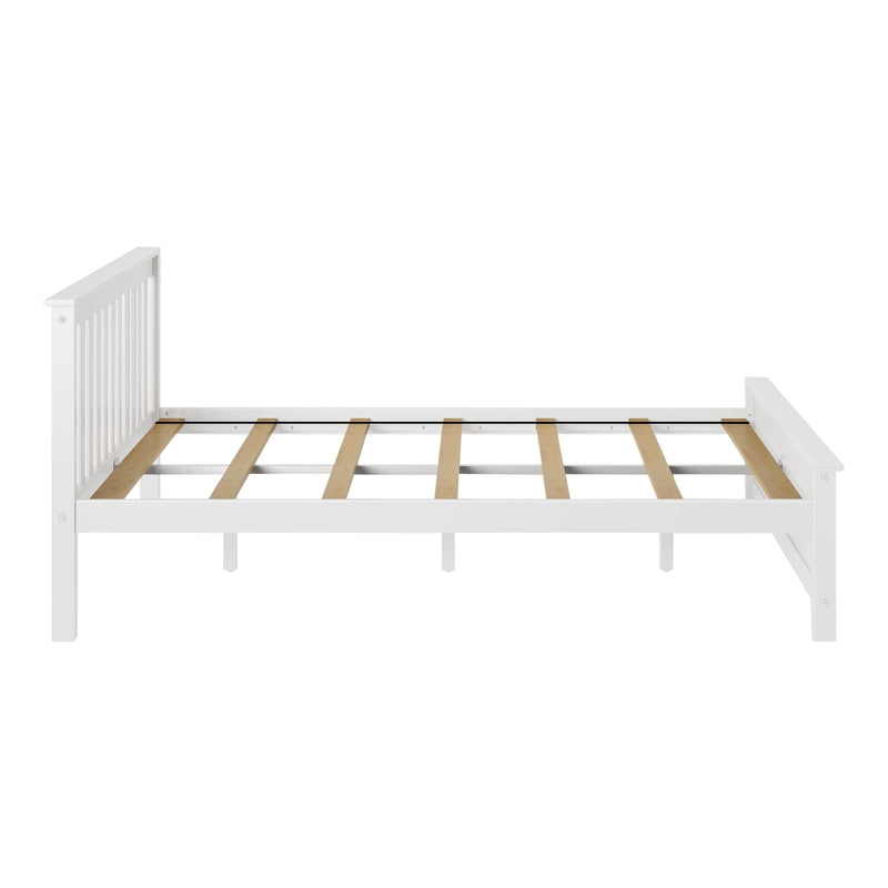 White wooden slatted platform bed frame with headboard and footboard, minimalist farmhouse bedroom furniture