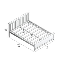 Queen size bed frame dimensions with slatted base - 36.5 inches tall, 85.5 inches long, 64 inches wide.