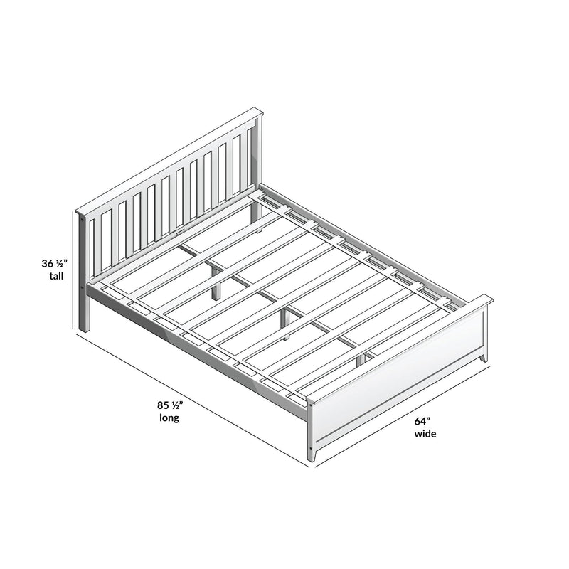 Isometric assembly diagram of a white wooden slatted platform bed frame with headboard and footboard, labeled dimensions 85½″ long × 64″ wide × 36½″ tall, ideal for bedroom furniture, mattress support, and DIY assembly instructions
