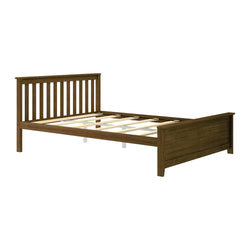 Wooden bed frame with slatted design and sturdy construction.