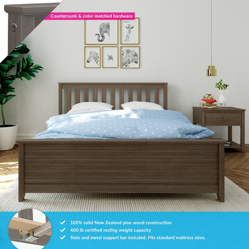 Solid wood slatted bed frame and matching nightstand in modern bedroom with blue polka-dot duvet, gold pendant light and animal wall art