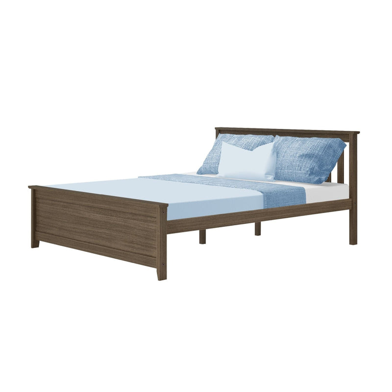 Brown wooden bed frame with light blue sheets, textured blue pillows and a white accent pillow on a white background