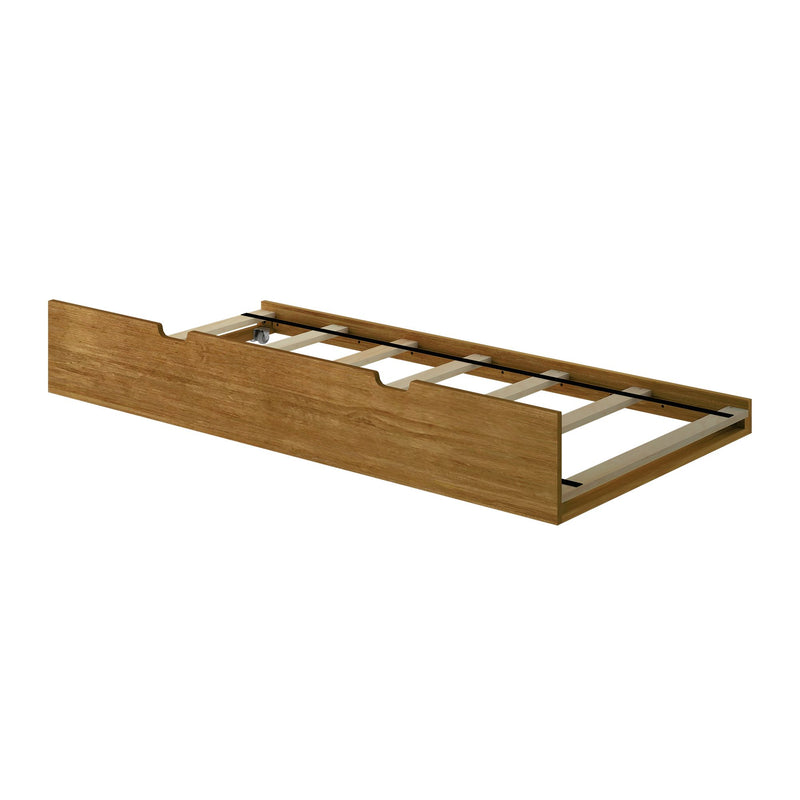 Natural oak wooden bed frame with slatted platform and under-bed trundle caster, sturdy slat support for mattress
