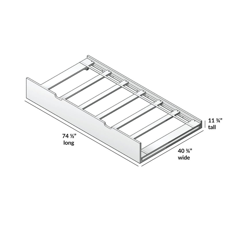 Platform bed frame diagram with wooden slats, headboard and side rails, dimensions 74 1/2 in long x 40 3/4 in wide x 11 3/4 in tall