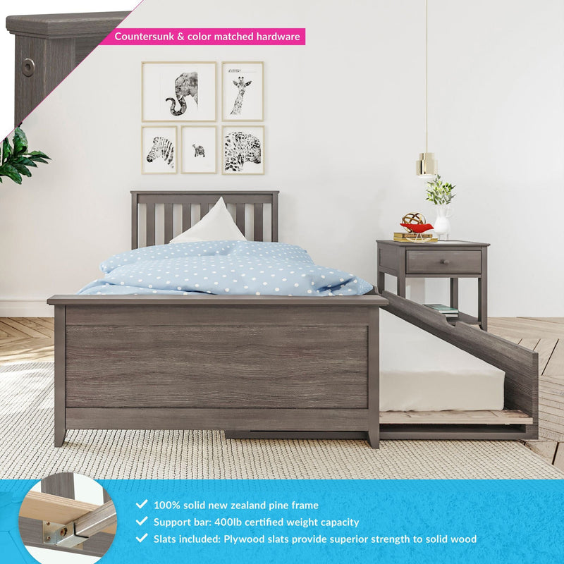 Gray solid New Zealand pine twin bed frame with pull-out trundle storage, plywood slats and 400 lb support bar, matching nightstand and blue polka-dot bedding in modern kids bedroom