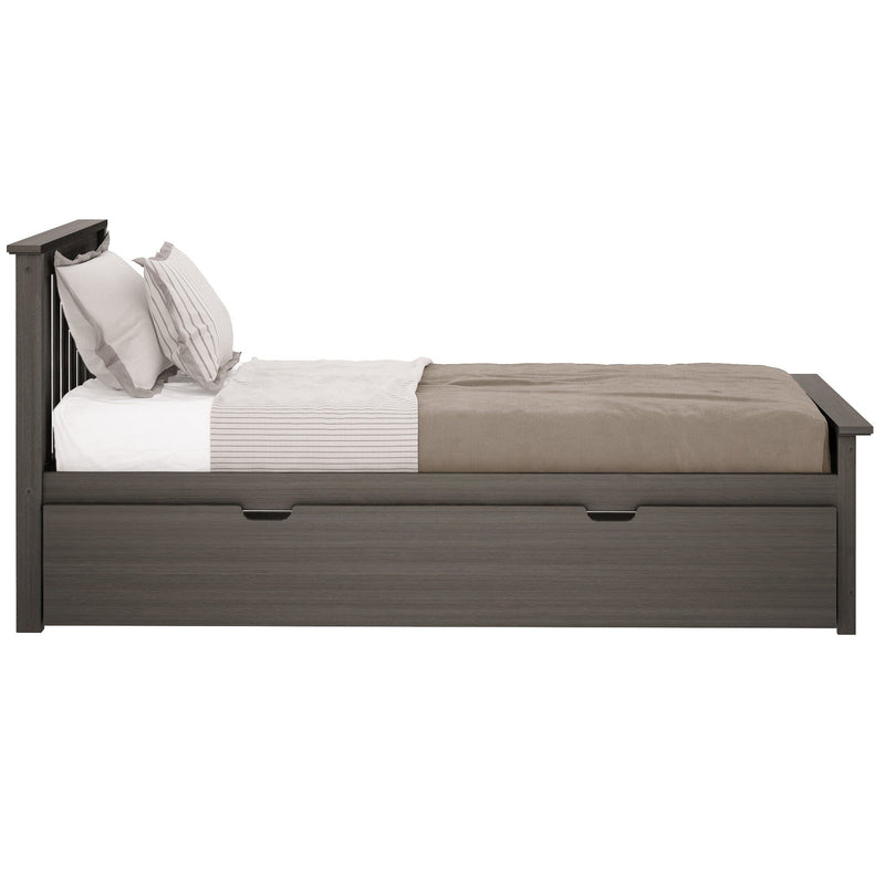 Dark gray wooden platform bed with built-in under-bed storage drawer, neutral beige bedding and striped pillows, modern farmhouse style