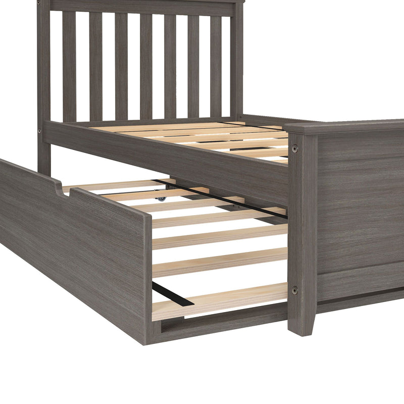 Gray wood platform bed frame with slatted headboard, wooden slats and pull-out underbed trundle storage on casters