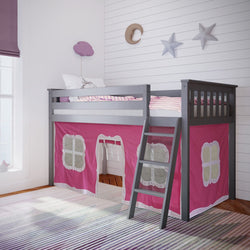 Loft Beds Max & Lily Twin-Size Low Loft + Curtain Grey Pink 