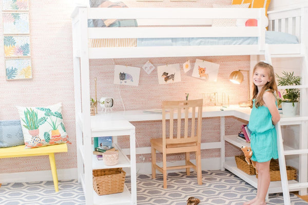 high loft bed with desk and shelves