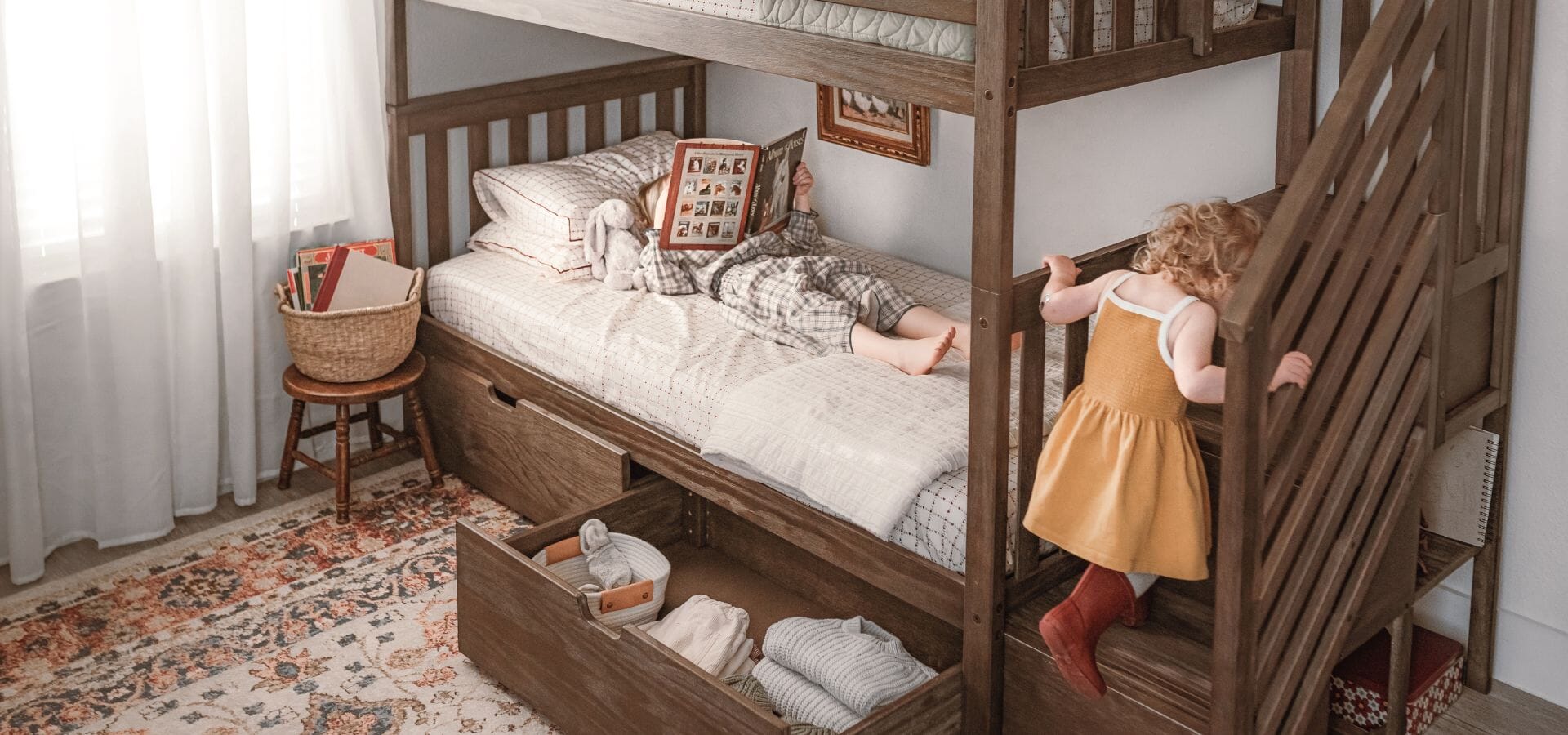 Solid wood twin over twin bunk bed with stairs and storage drawers in clay