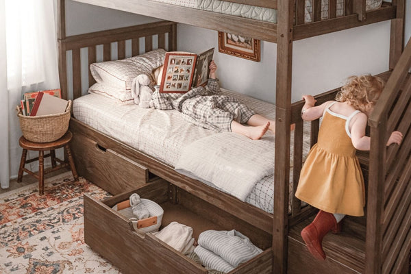 Solid wood twin over twin bunk bed with stairs and storage drawers in clay