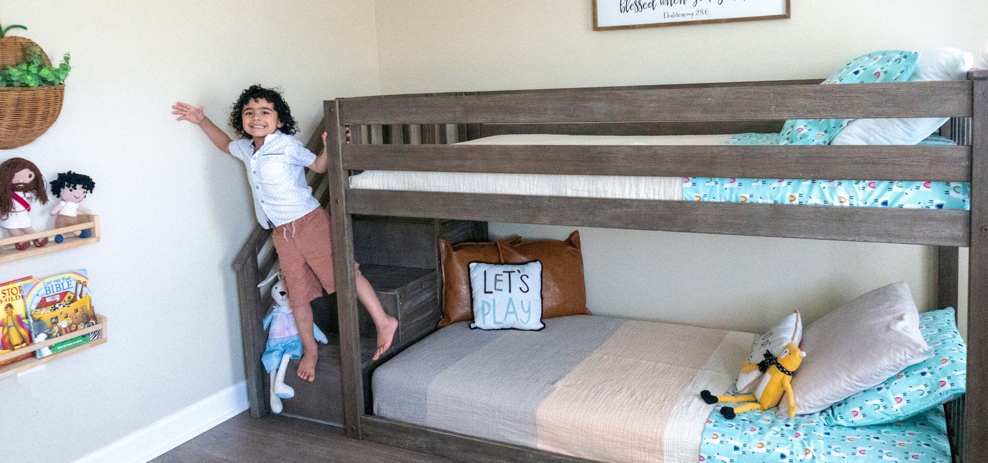 Twin over twin low bunk bed with stairs