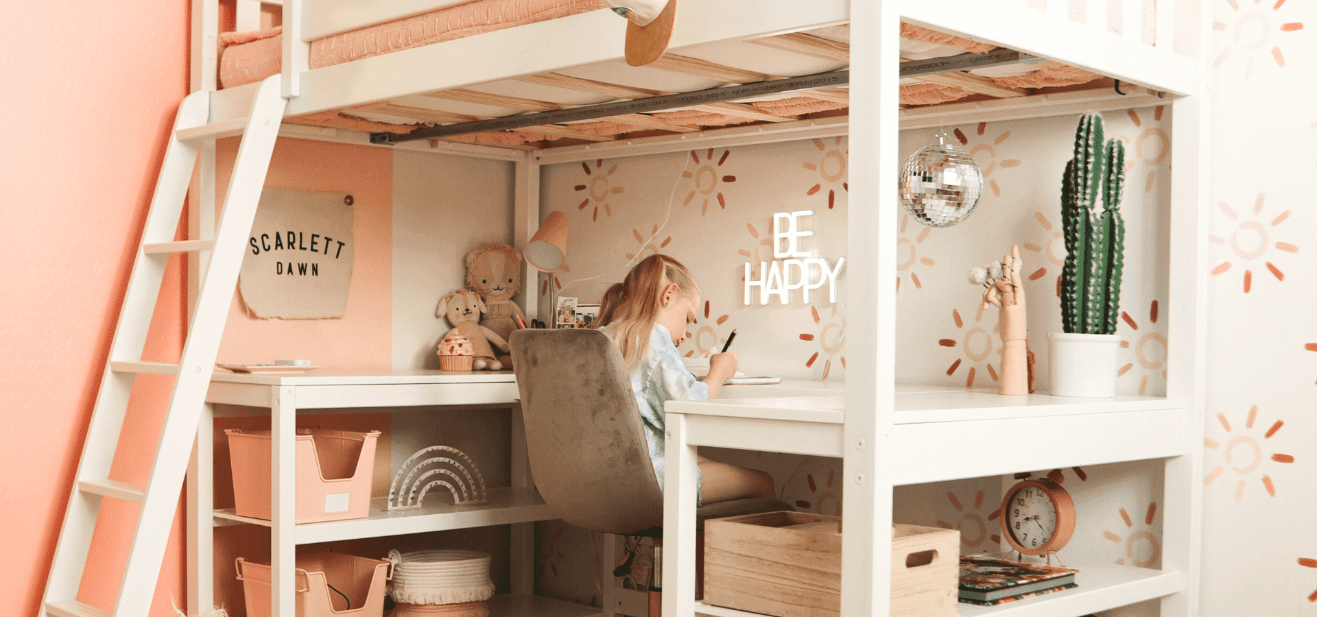 Solid wood loft bed with desk and shelves
