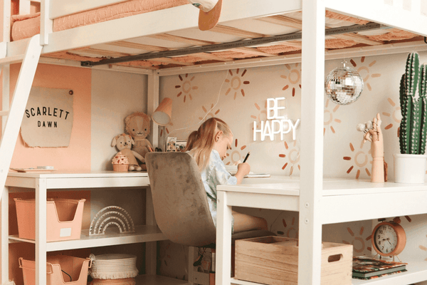Solid wood loft bed with desk and shelves