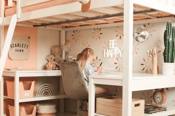 Solid wood loft bed with desk and shelves
