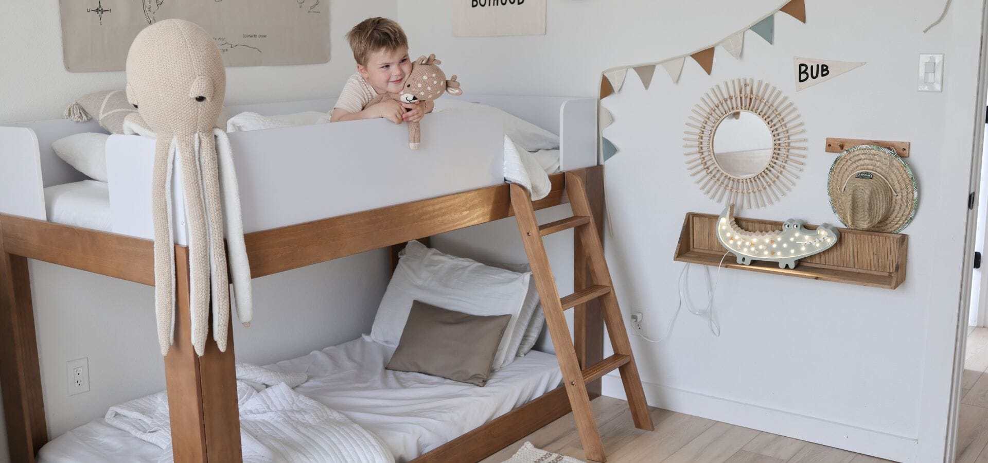mid century modern low bunk bed in pecan and white