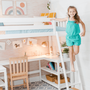 Solid wood twin loft bed with desk and shelves in white finish