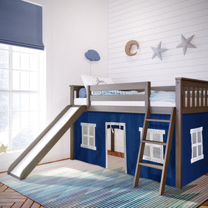Low loft bed with slide and blue underbed play curtain