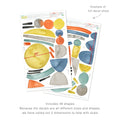 Two-sheet set of watercolor abstract removable wall decals with 48 colorful geometric shapes (circles, arcs, triangles) and 22″ & 29″ size callouts