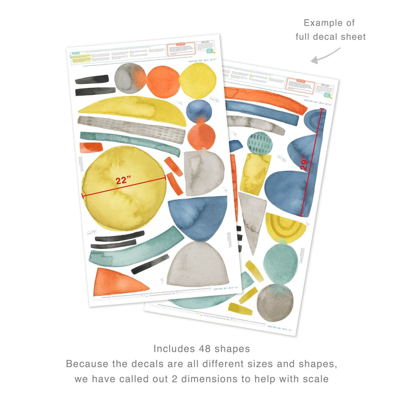 Two-sheet set of watercolor abstract removable wall decals with 48 colorful geometric shapes (circles, arcs, triangles) and 22″ & 29″ size callouts
