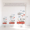Kids nursery wall decals – Away We Go emergency vehicles featuring red fire rescue trucks, police cars and air care helicopters shown in small, medium and large kit size comparison on a white wall next to a door