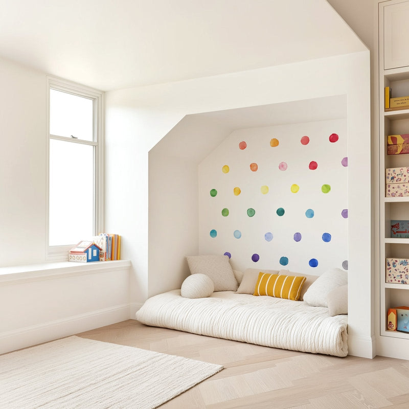 Children's reading nook with cozy daybed, yellow-striped pillow, rainbow polka-dot wall decals, built-in shelves and bright window