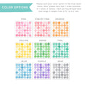 Watercolor dot stickers color options for planners, scrapbooks and journals – nine color sheets (pink, peachy pink, orange, yellow, green, teal, blue, purple, gray), 36 round peel-and-stick decals per sheet, dots approx. 5.75–6.2 in tall.
