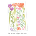 Watercolor floral wall decal sheet with pink poppies, purple tulips and green stems — removable peel-and-stick botanical wall stickers, tallest flower 63 in