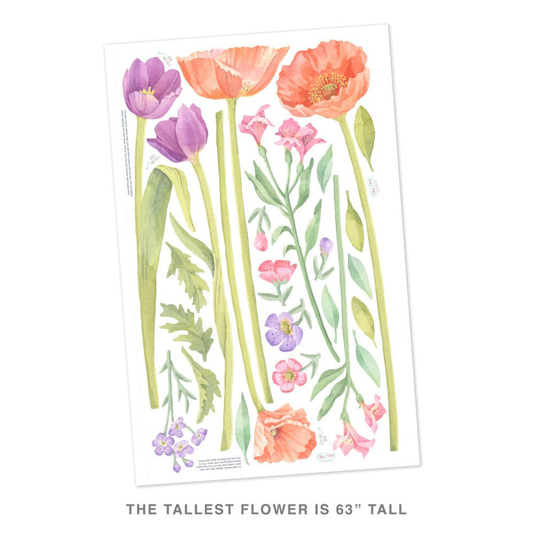 Watercolor floral wall decal sheet with pink poppies, purple tulips and green stems — removable peel-and-stick botanical wall stickers, tallest flower 63 in