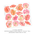 Sheet of 15 watercolor poppy wall decals in coral, peach and pink, removable floral stickers for nursery or home decor, sizes 6.5–12.5 inches tall