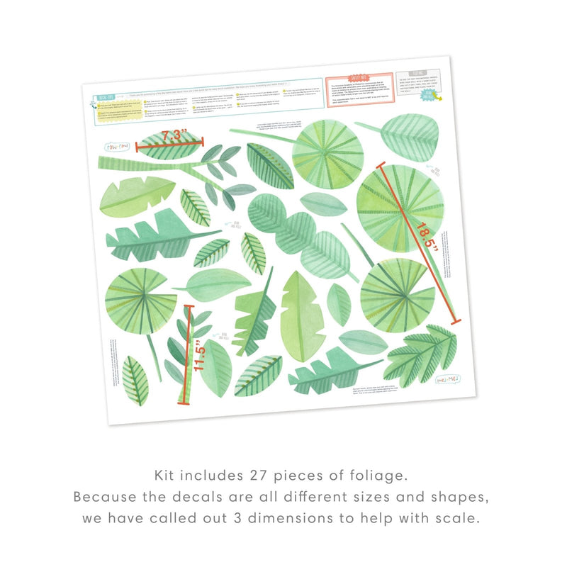 27-piece tropical watercolor leaf wall decals sheet — green foliage peel-and-stick stickers for nursery, bedroom and home decor, assorted leaf shapes and sizes