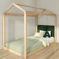 Kids house-frame wooden canopy bed with green upholstered headboard, sage bedding and decorative "A" pillow in a minimalist children's bedroom