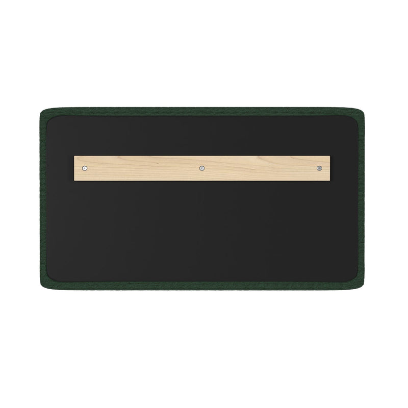 Back view of rectangular black felt wall-mounted bulletin board with dark green fabric trim and centered wooden hanging rail secured with screws