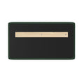 Back view of rectangular black felt wall-mounted bulletin board with dark green fabric trim and centered wooden hanging rail secured with screws