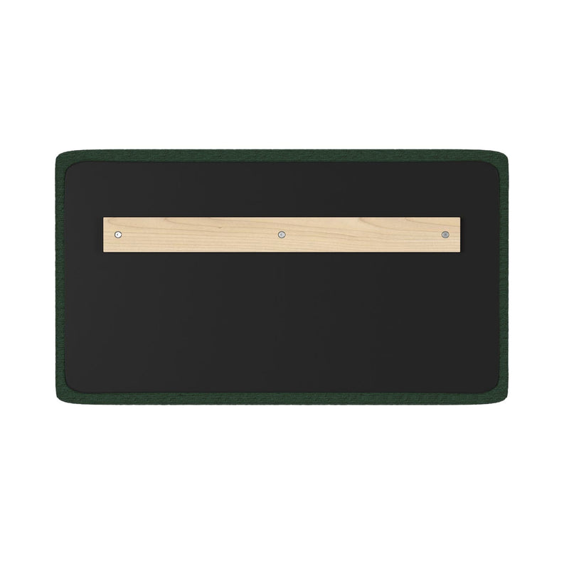 Back view of rectangular black felt wall-mounted bulletin board with dark green fabric trim and centered wooden hanging rail secured with screws