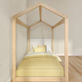 Natural wood house-frame kids bed, pale yellow bedding and plush letter pillow in minimalist children's bedroom