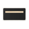Rectangular upholstered cream bed headboard back showing black fabric center and wooden French-cleat wall-mount bracket