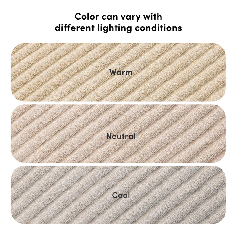Color variations of ribbed fabric under different lighting conditions: warm, neutral, and cool tones.