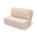 Close-up of beige corduroy modular sofa seat and back cushions, ribbed texture sectional chair for living room